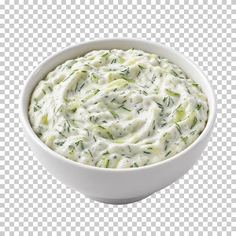 A plain white ceramic bowl filled with tzatziki.