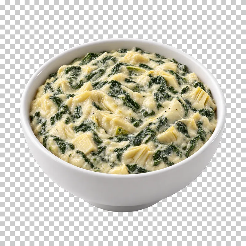 A plain white ceramic bowl filled with spinach and artichoke dip.