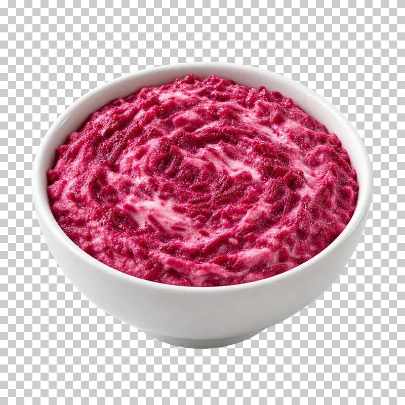 A plain white ceramic bowl filled with beetroot and yogurt dip.