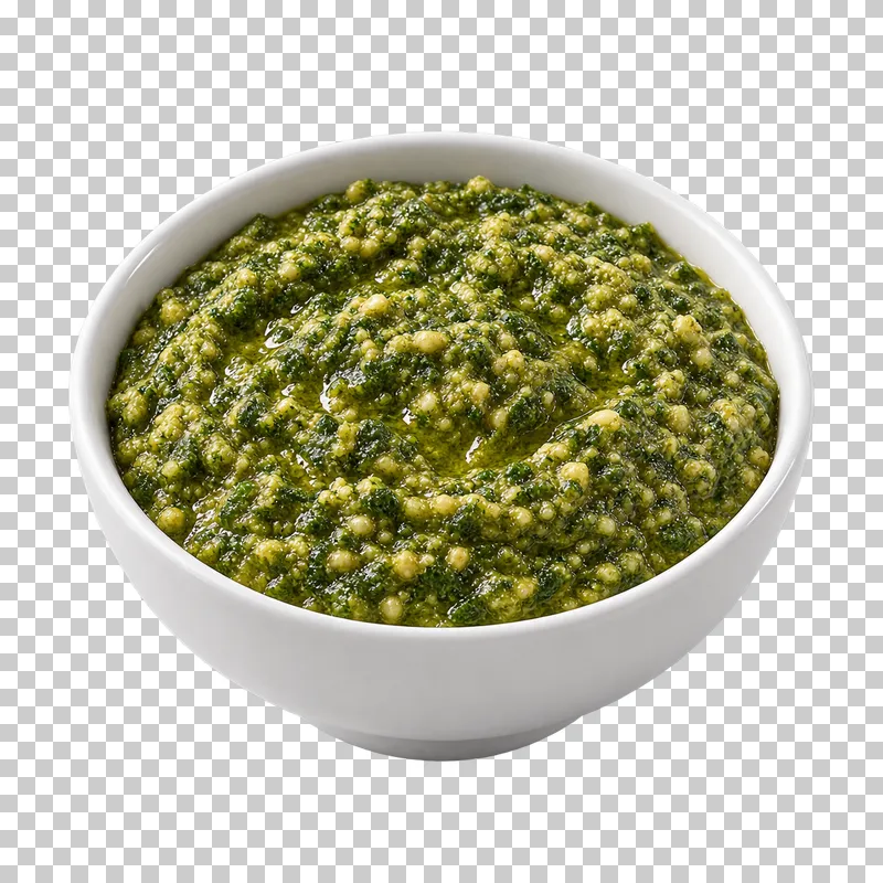 A plain white ceramic bowl filled with basil pesto.