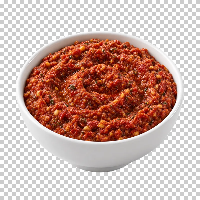 A plain white ceramic bowl filled with sun-dried tomato pesto.