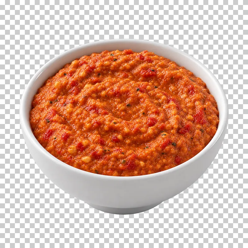 A plain white ceramic bowl filled with romesco.