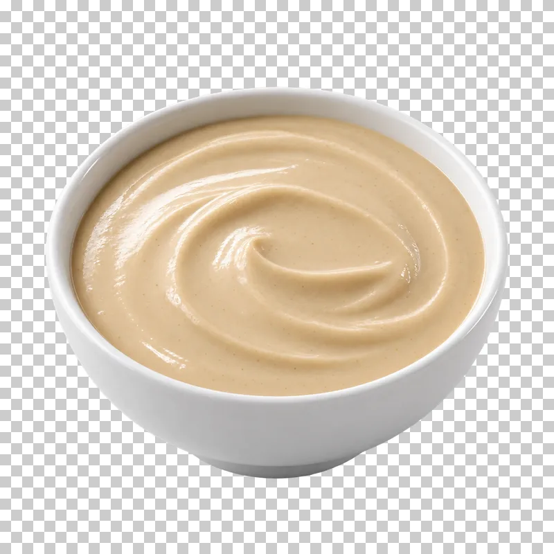 A plain white ceramic bowl filled with tahini sauce.