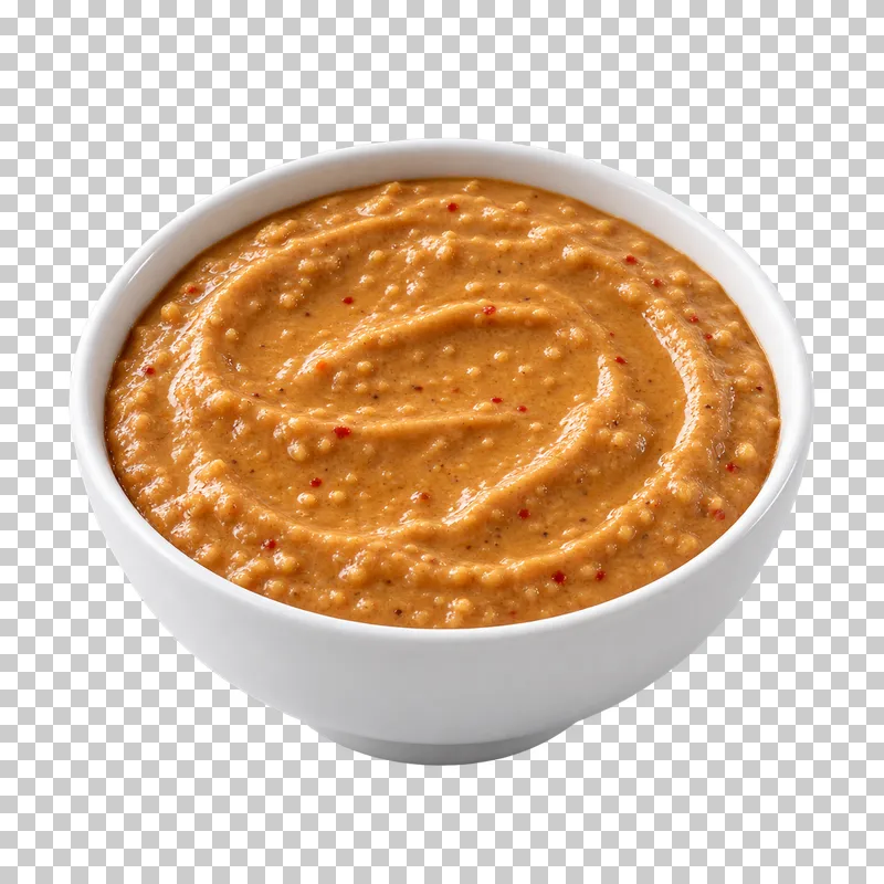 A plain white ceramic bowl filled with peanut satay sauce.