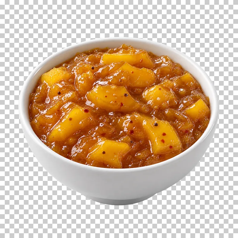A plain white ceramic bowl filled with mango chutney.