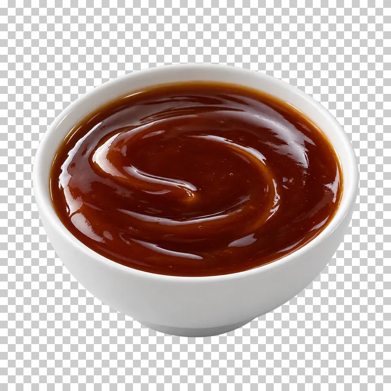 A plain white ceramic bowl filled with teriyaki sauce.