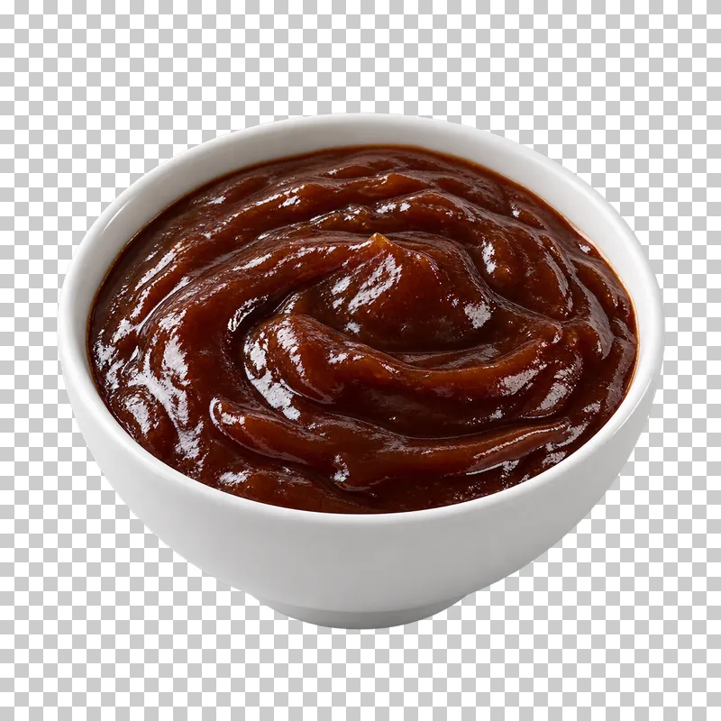 A plain white ceramic bowl filled with hoisin sauce.