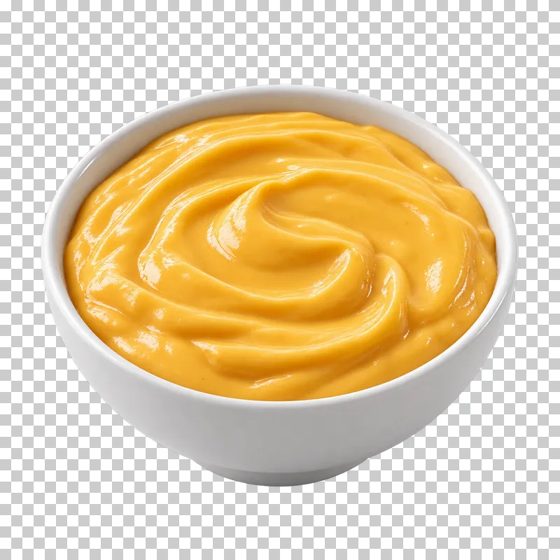 A plain white ceramic bowl filled with cheese sauce.