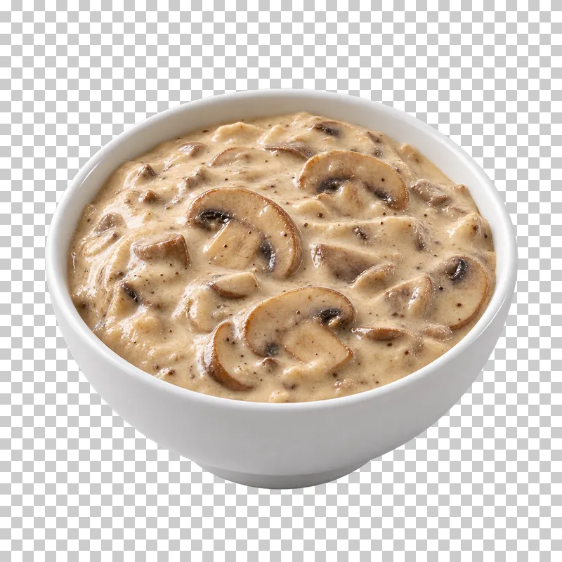 A plain white ceramic bowl filled with creamy mushroom sauce.