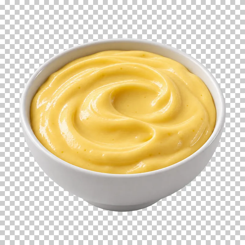 A plain white ceramic bowl filled with hollandaise.