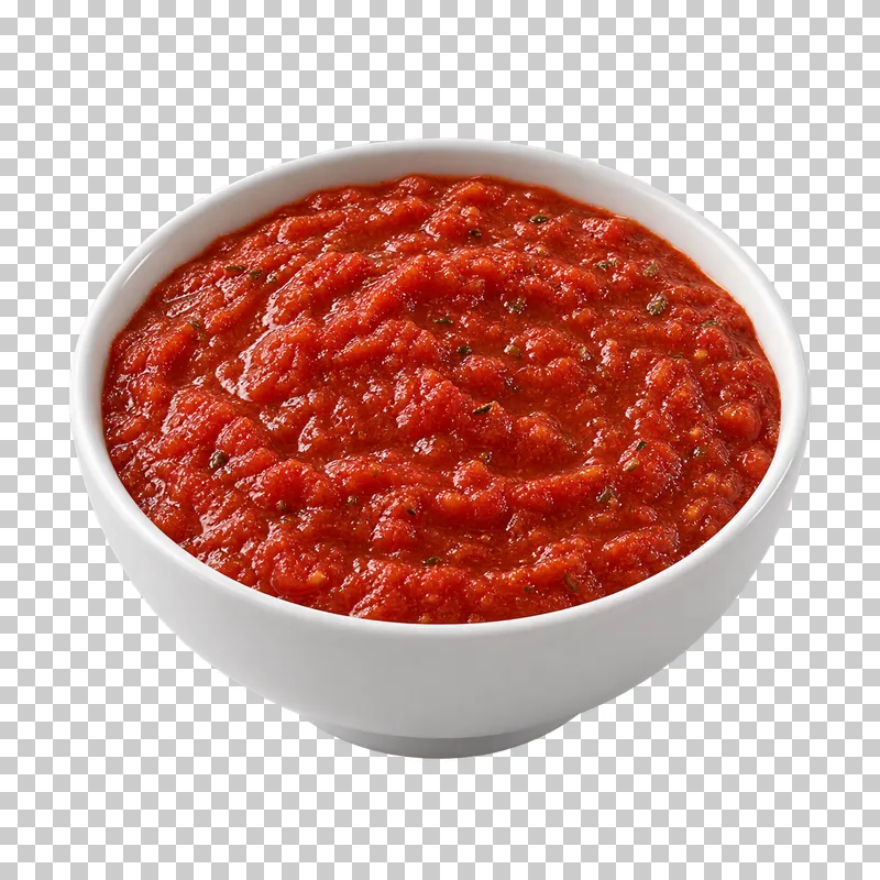 A plain white ceramic bowl filled with marinara.