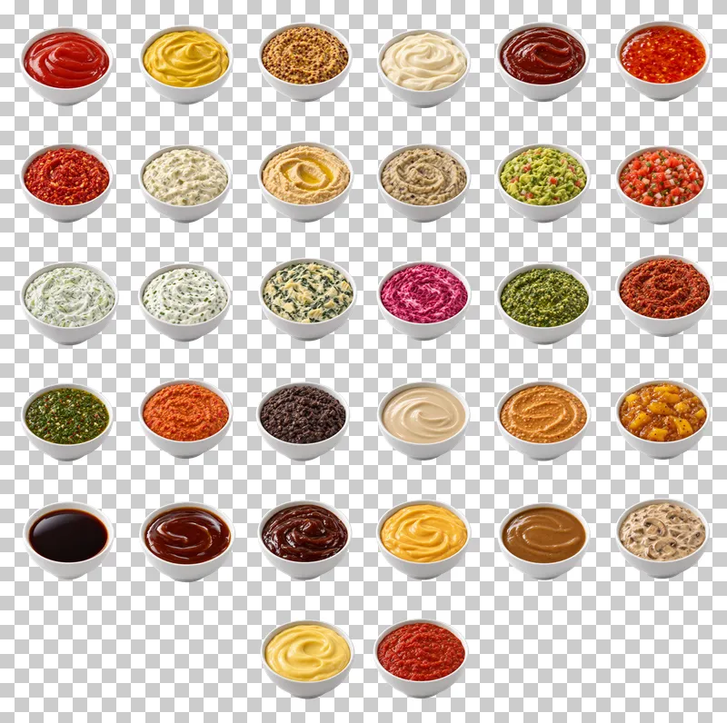 Sauces and Dips Photo PNG Collection: all 32 elements in one grid