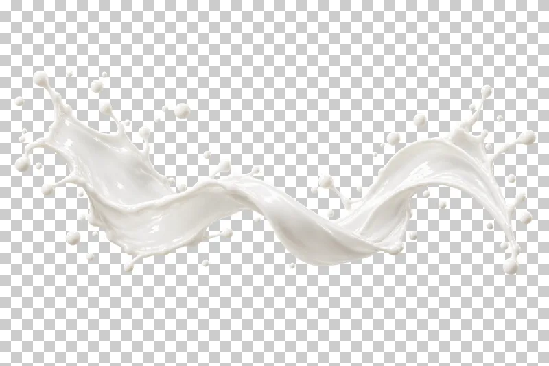 A horizontal twisting milk ribbon with alternating folds and detached drops.