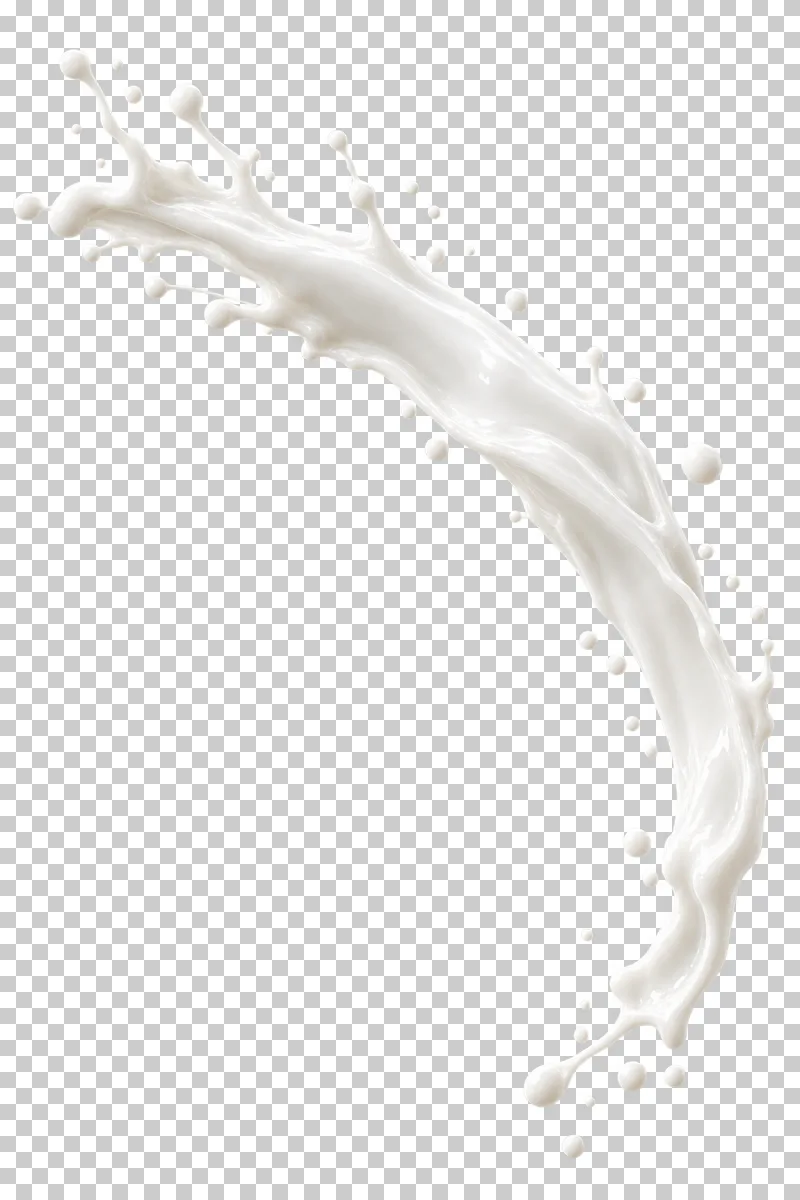 A curved milk pour with a continuous arcing body and small detached drops.
