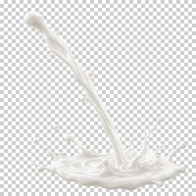 A diagonal milk stream falling into a shallow pool with a small contact splash.