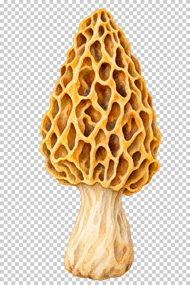 Watercolor illustration of yellow morel.