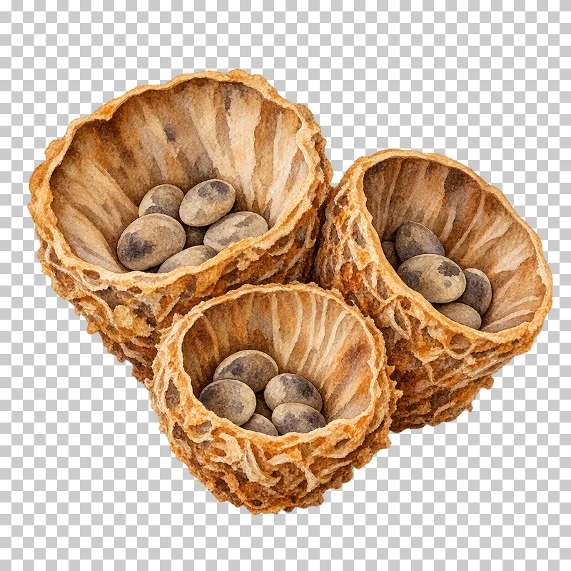 Watercolor illustration of birds nest fungus group.