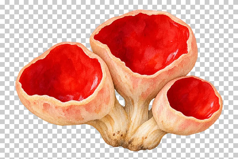 Watercolor illustration of scarlet elfcup group.