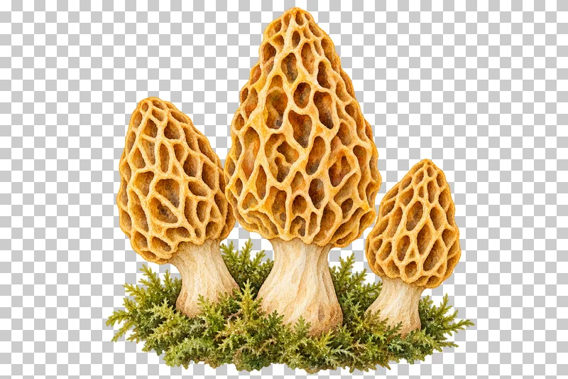 Watercolor illustration of morels in moss.