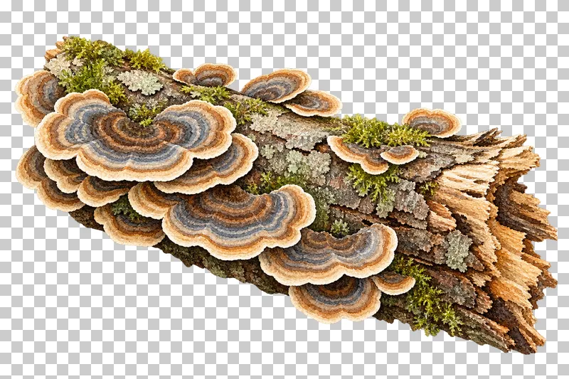 Watercolor illustration of turkey tail on a fallen log.