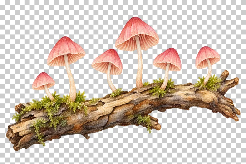 Watercolor illustration of bonnets on a fallen branch.