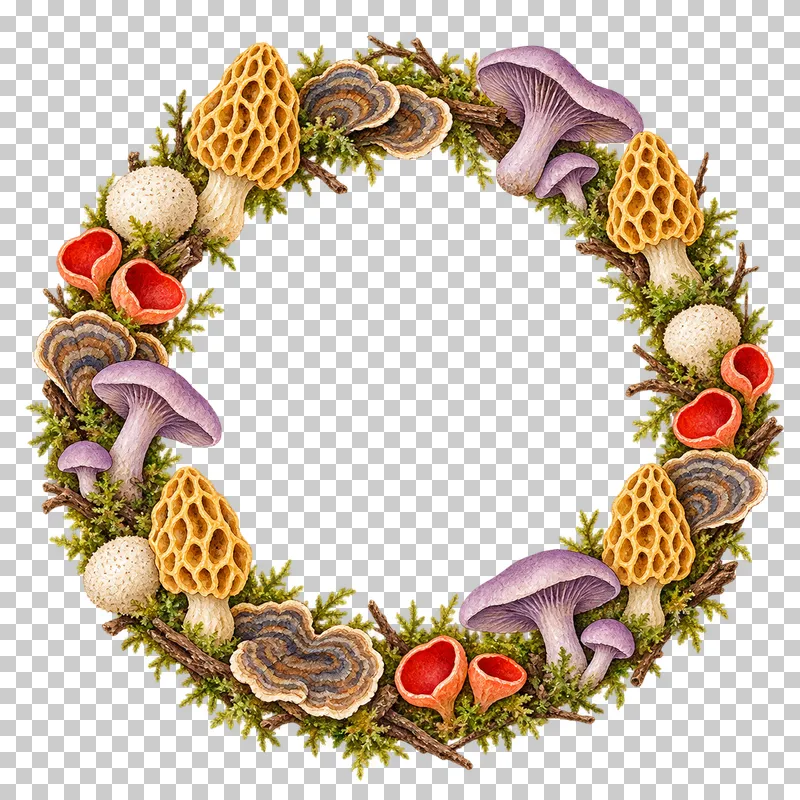 Watercolor illustration of open circular fungi wreath.