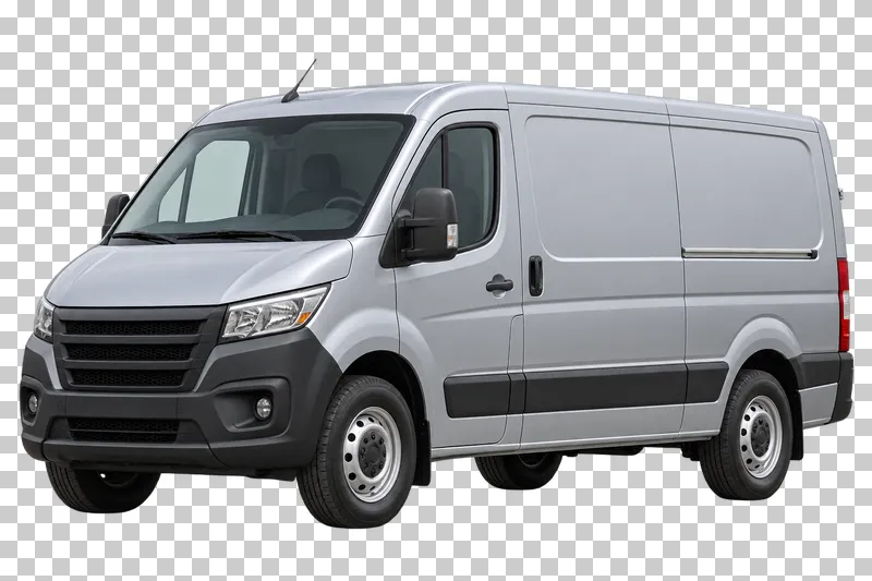A silver-gray compact panel van with black bumpers, seen from the front and side.