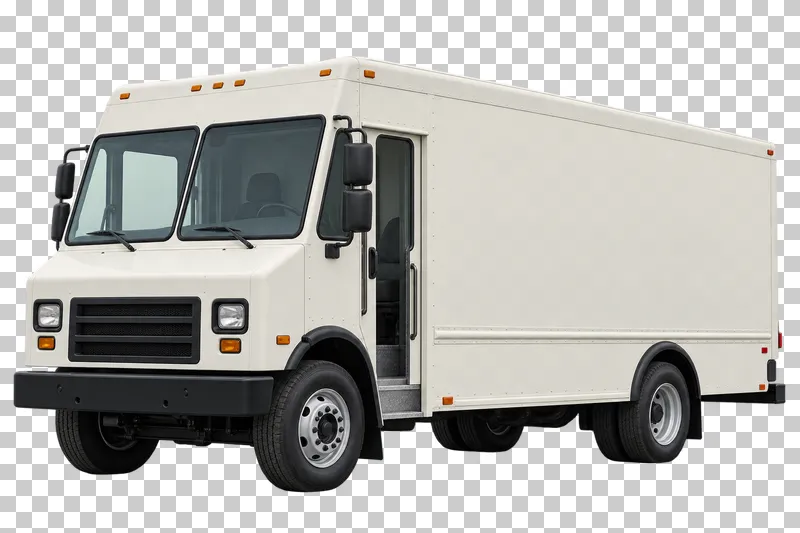 A cream walk-in delivery step van with a tall square body and a low side entrance.