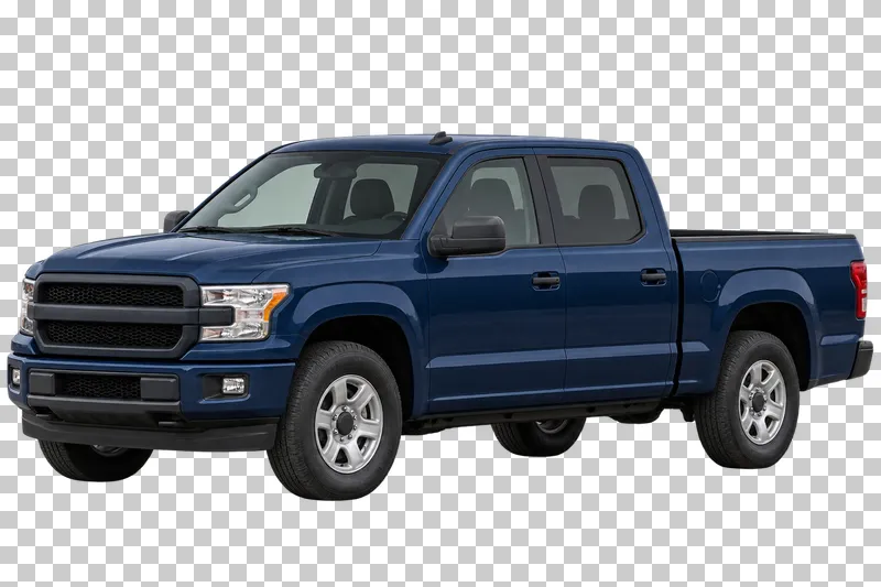 A navy four-door crew-cab pickup with an empty open cargo bed.