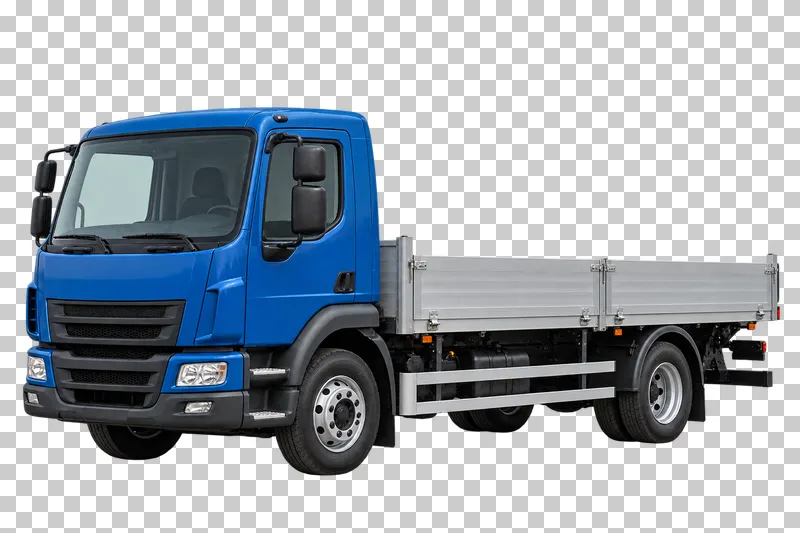 A blue light truck with a low silver dropside cargo bed.