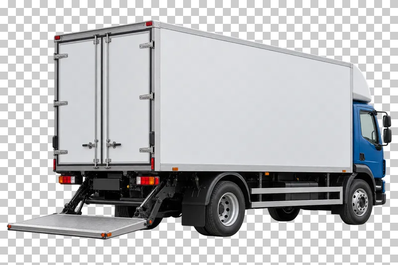 A blue and white Luton moving van seen from behind with its rear tail lift lowered.