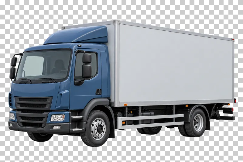 A blue-gray cab-over truck with a rectangular light gray cargo box.
