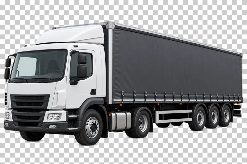 A white tractor attached to a long gray curtainsider semi-trailer.