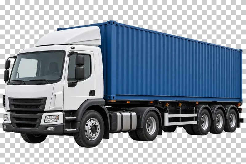 A white tractor carrying a blue corrugated shipping container on a trailer chassis.