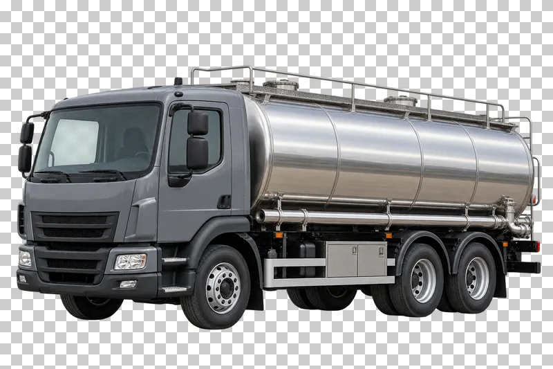 A gray cab-over road tanker with a horizontal stainless-steel tank.