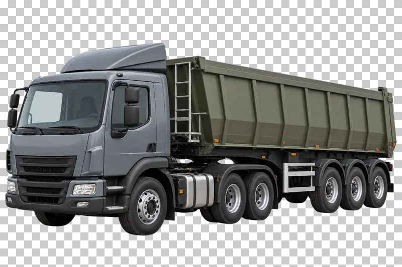A gray tractor pulling a high-sided olive-gray bulk tipper semi-trailer.