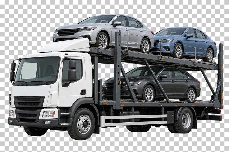 A white two-level car transporter carrying three silver, blue and charcoal cars.