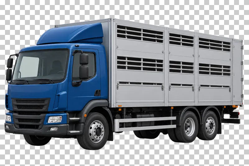 A blue livestock truck with a ventilated silver transport body.