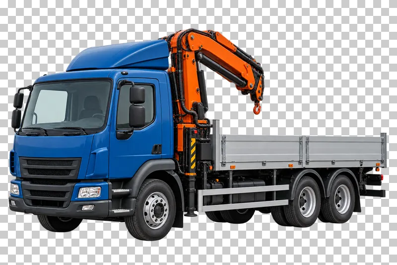 A blue flatbed truck with an orange knuckle-boom crane behind the cab.