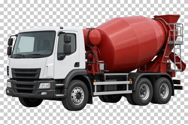 A white concrete mixer truck with a red mixing drum.