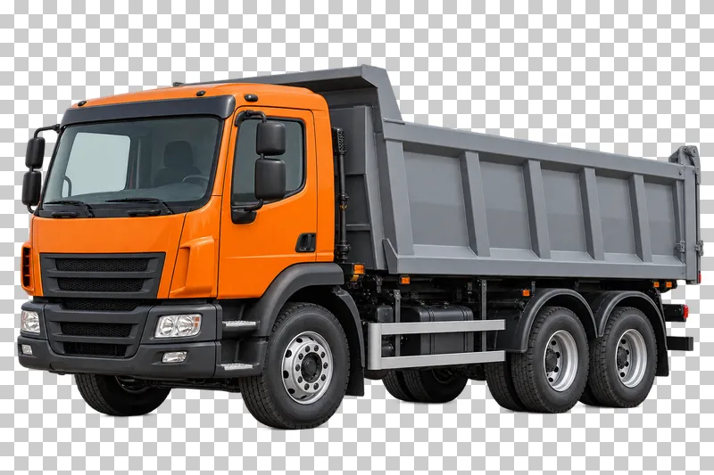 An orange cab-over tipper truck with a gray cargo body.