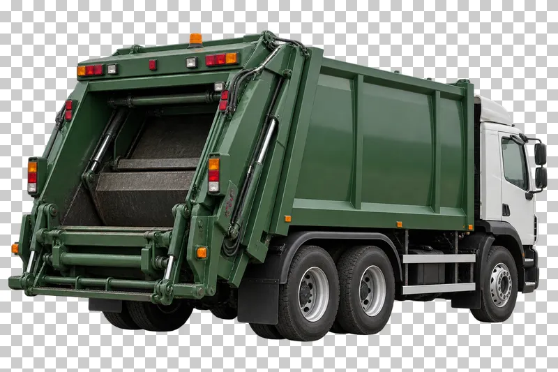 A white and green refuse truck seen from behind with its rear-loading hopper visible.