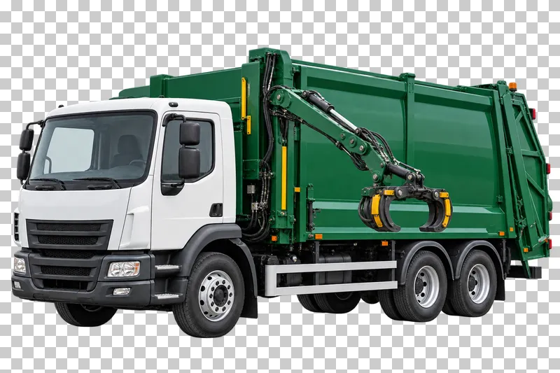 A white and green recycling truck with an articulated side-loading arm and clamp.