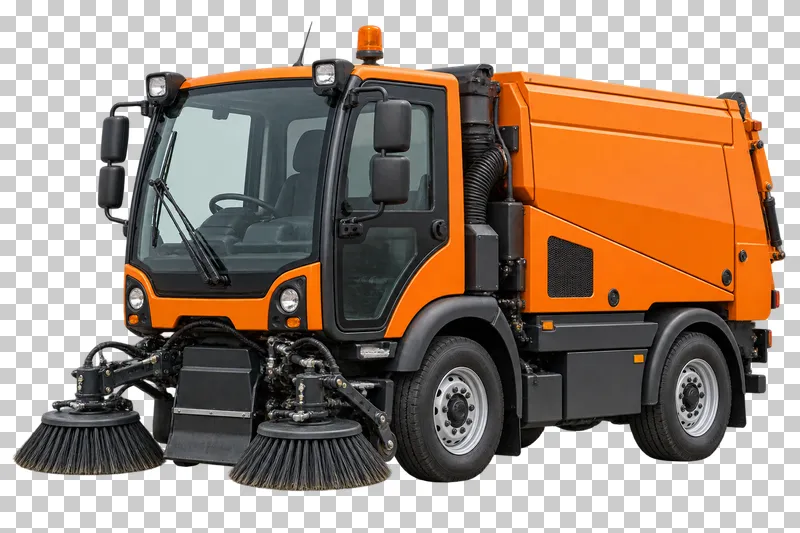 An orange compact street sweeper with a glazed cab and two circular front brushes.