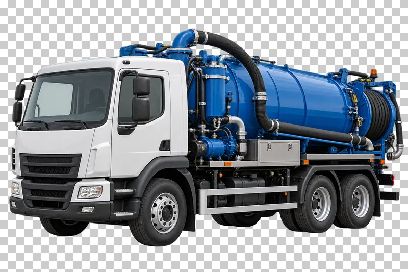 A white vacuum sewer truck with a blue tank, hose reel and attached pipework.
