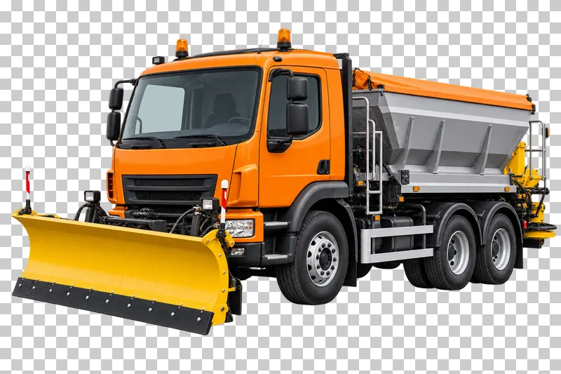 An orange gritter truck with a gray hopper and a wide yellow front snowplow.