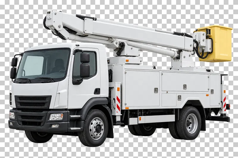 A white utility truck with a folded boom and a yellow work basket.
