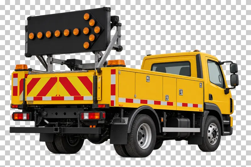 A yellow road-maintenance truck seen from behind with a raised arrow board.