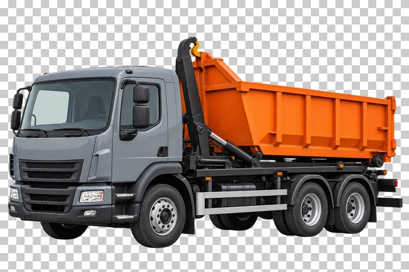A gray hooklift truck carrying an orange open container.