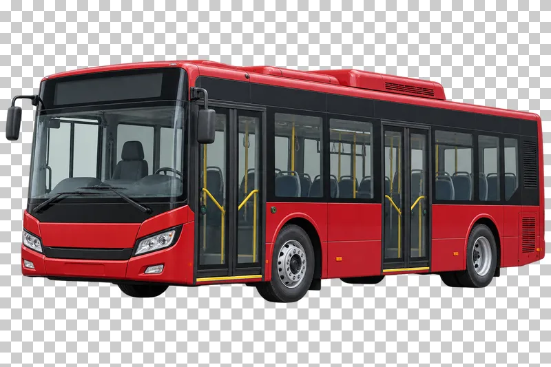 A red low-floor city bus with dark windows and closed passenger doors.